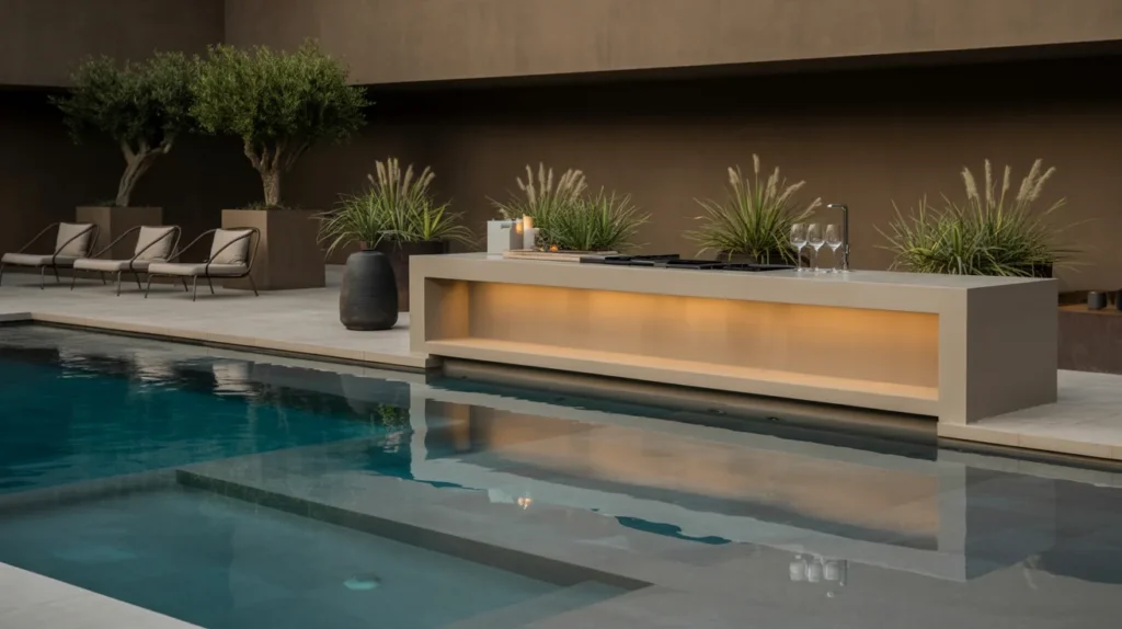 Minimalist above ground pool with a built-in bar and modern deck
