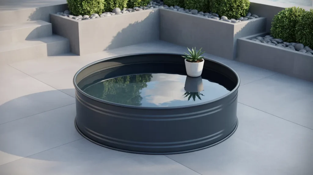 Minimalist pool design with black tank and sleek decor