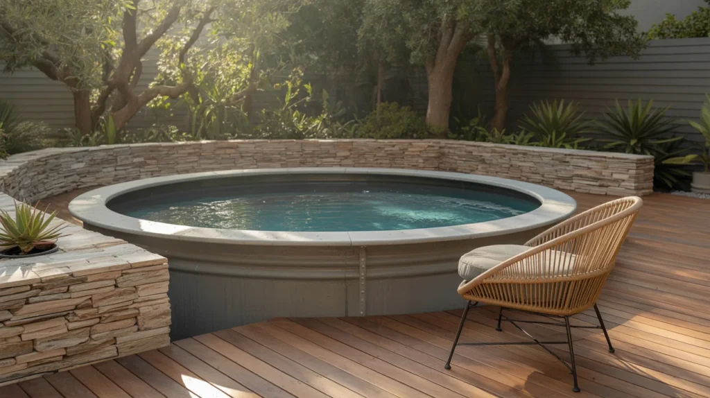 Mixed material pool design with wood, stone, and metal