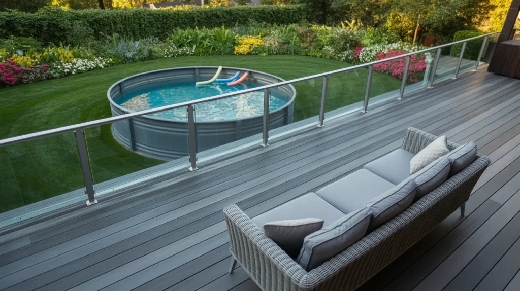 Modern deck with glass railings and pool view