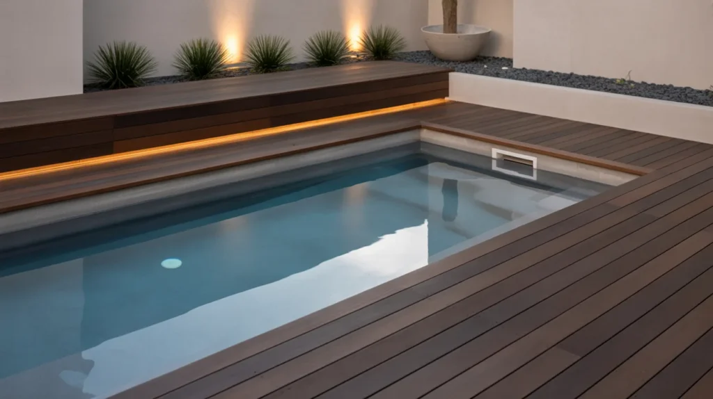 Modern minimalist above ground pool with clean wooden deck and simple design