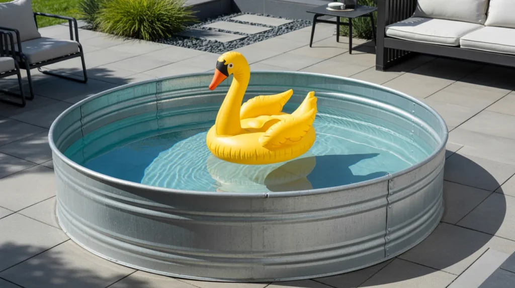 Modern stock tank pool with minimalist patio and sleek decor