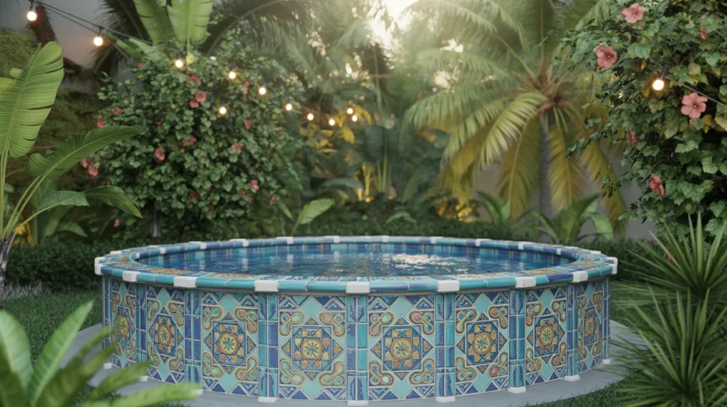 Mosaic tile accents around a backyard above ground pool