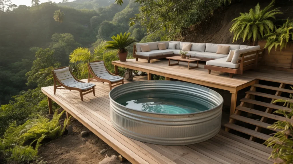 Multi-level deck with pool and built-in lounge area