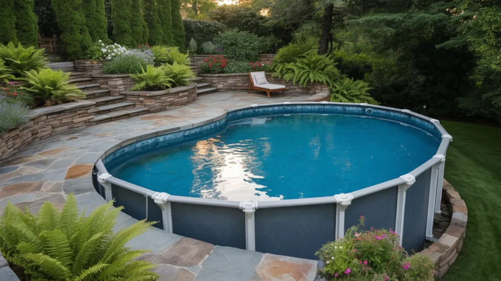 Natural stone surrounds enhancing an above ground pool area