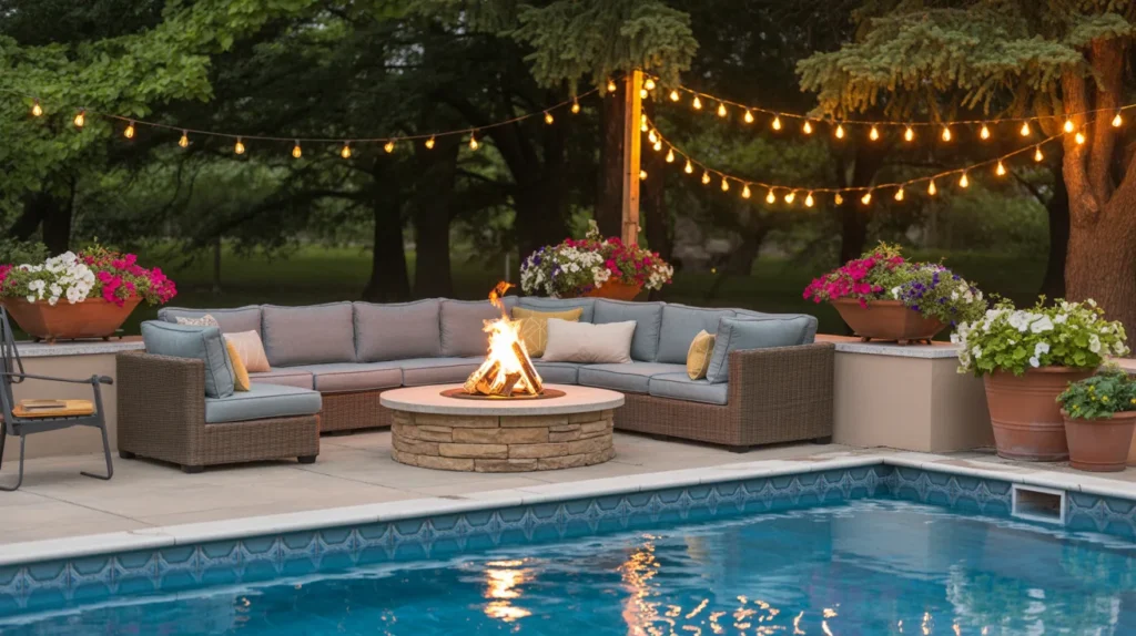 Outdoor lounge area next to an above ground pool