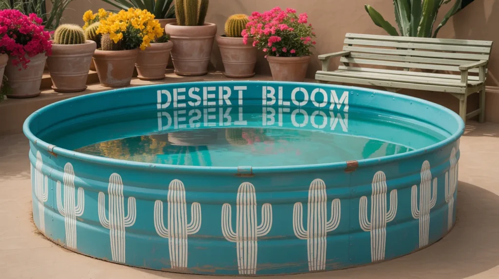 Painted stock tank pool with bright colors and artistic detail