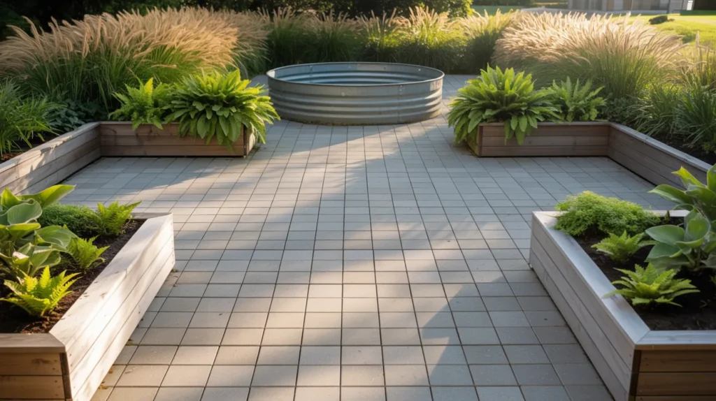 Paver deck with planters and round backyard pool