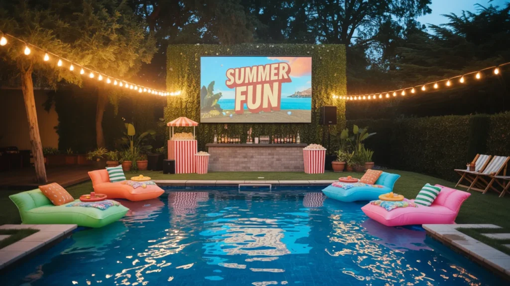 Pool movie night with themed popcorn bar