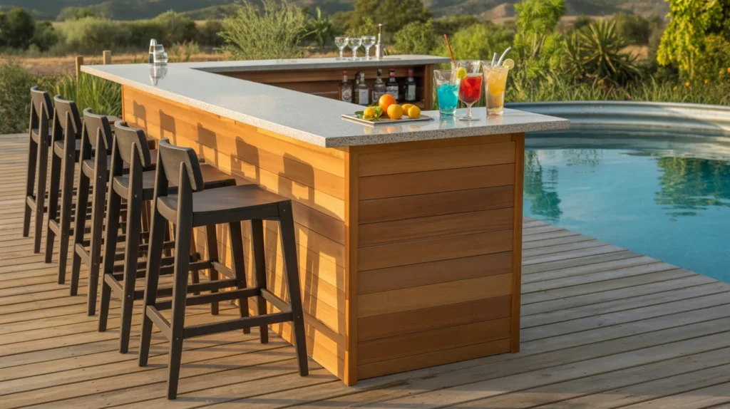 Poolside deck bar setup with outdoor seating
