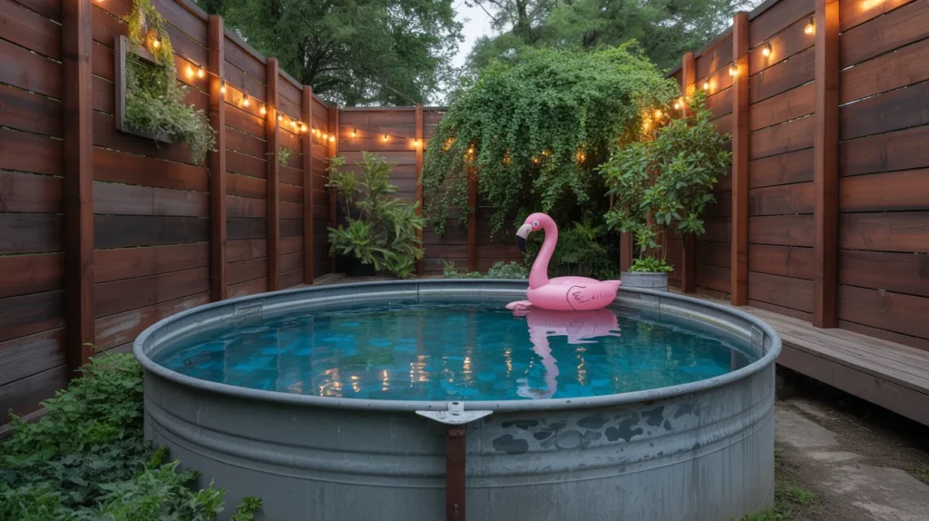 Private deck with screens around circular pool