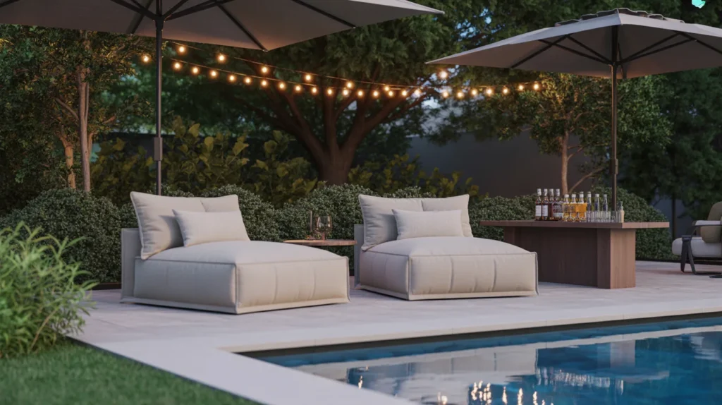 Relaxed seating and poolside bar in a calm backyard