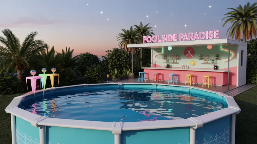Retro backyard pool with neon lights and vintage bar