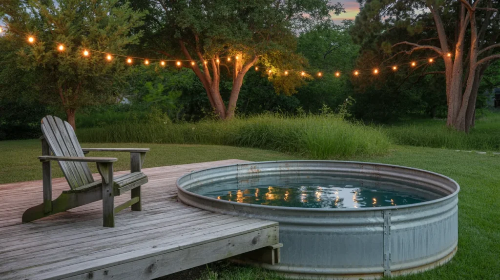 Rustic deck with metal stock tank pool in cozy backyard