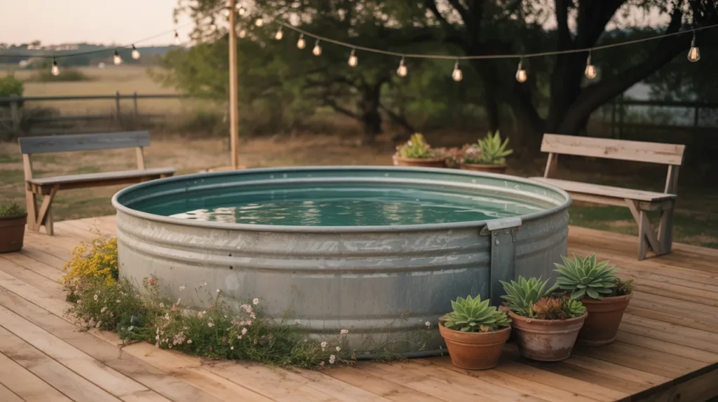 Rustic stock tank pool with wood accents and potted plants