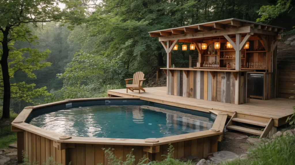Rustic style pool with wooden deck and cozy outdoor bar