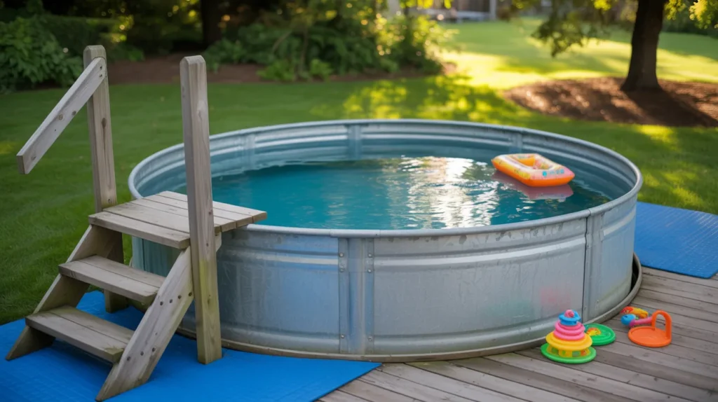 Safe stock tank pool setup with steps and handrails