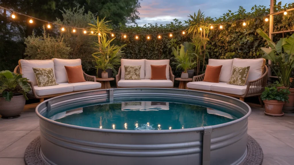 Serene backyard setup with stock tank pool and soft lighting