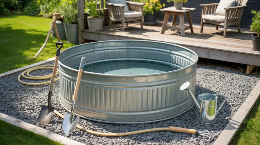 Simple DIY stock tank pool setup on a gravel base with tools around