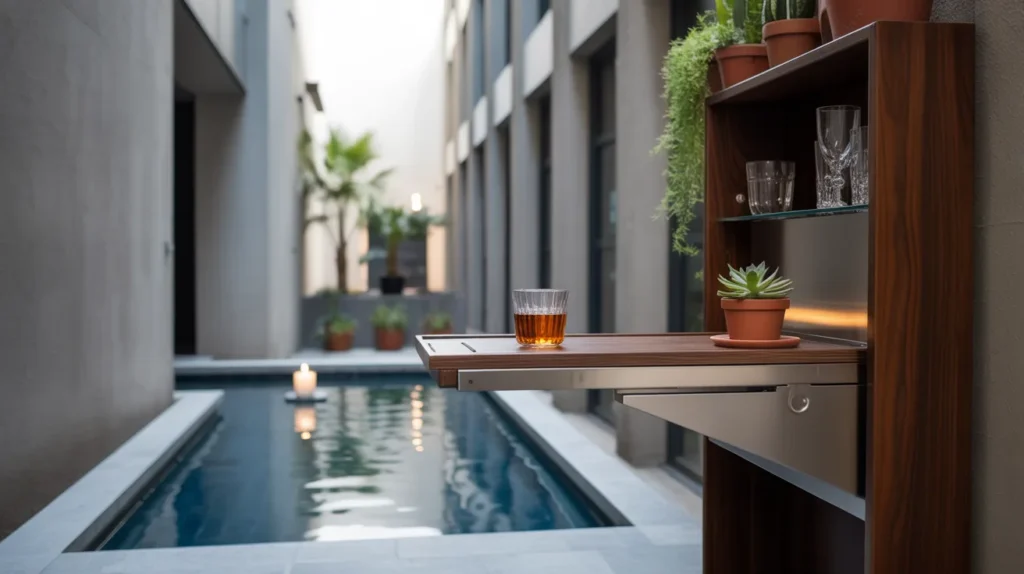 Small outdoor pool with minimal bar for tight spaces