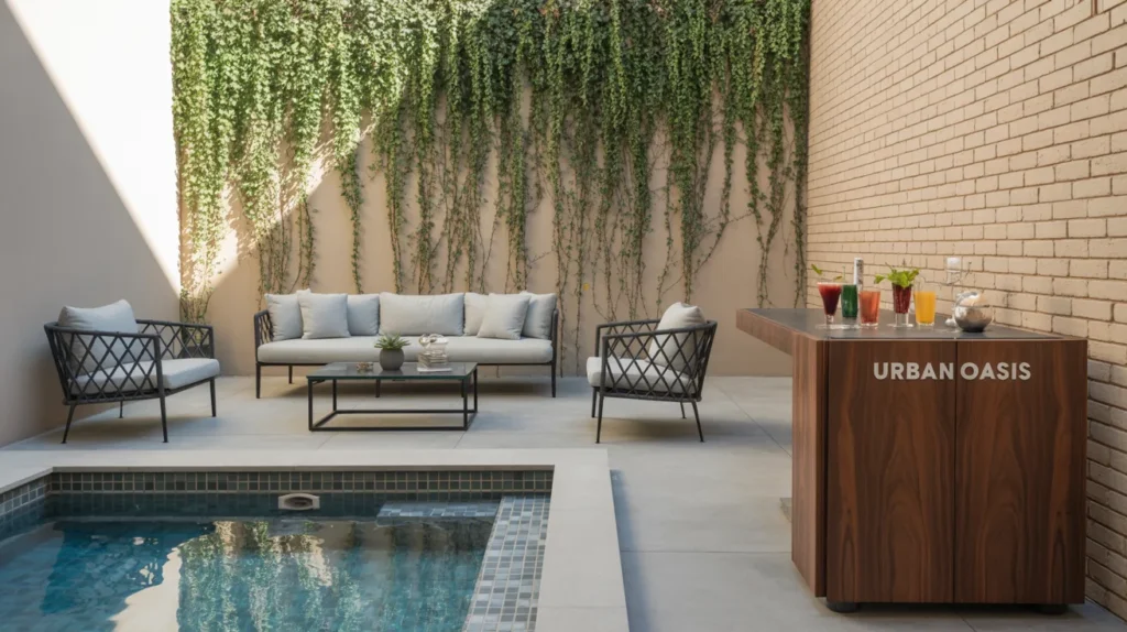 Small yard pool with compact and efficient bar space