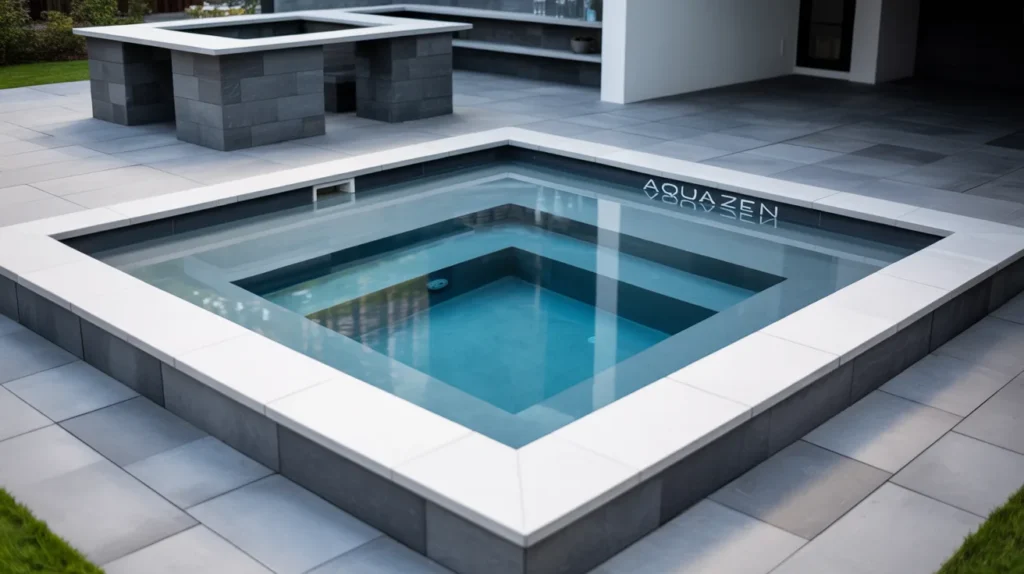 Square modern pool with sleek geometric bar