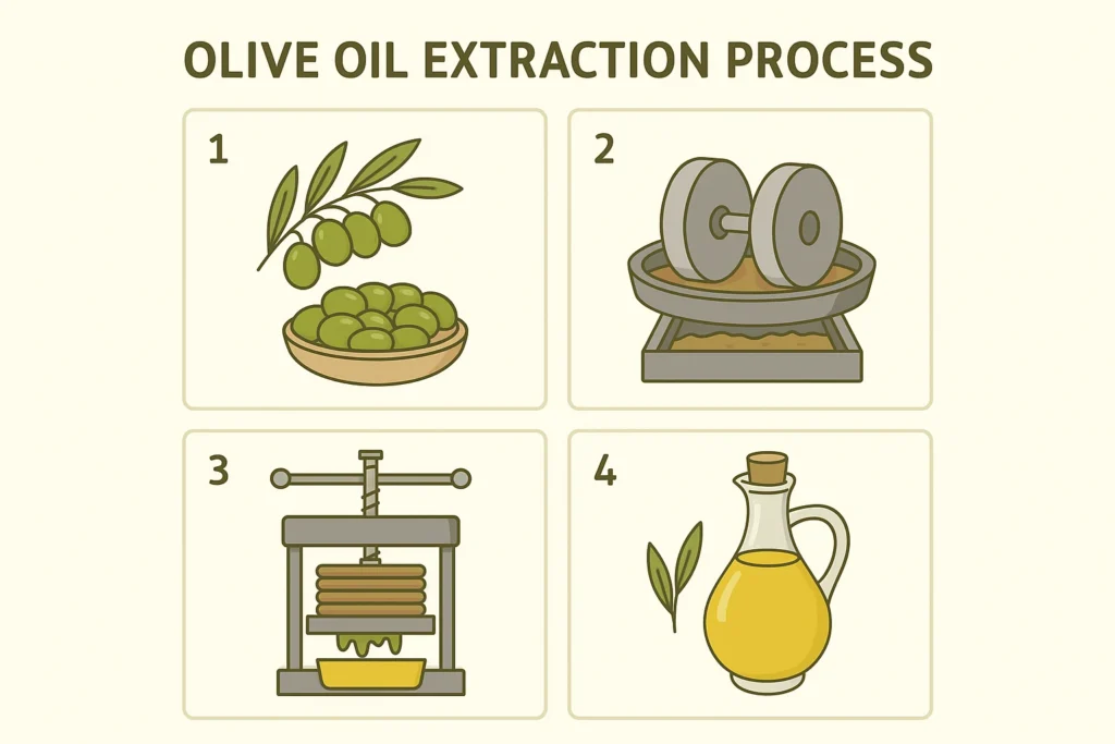 Step-by-step infographic showing the olive oil extraction process