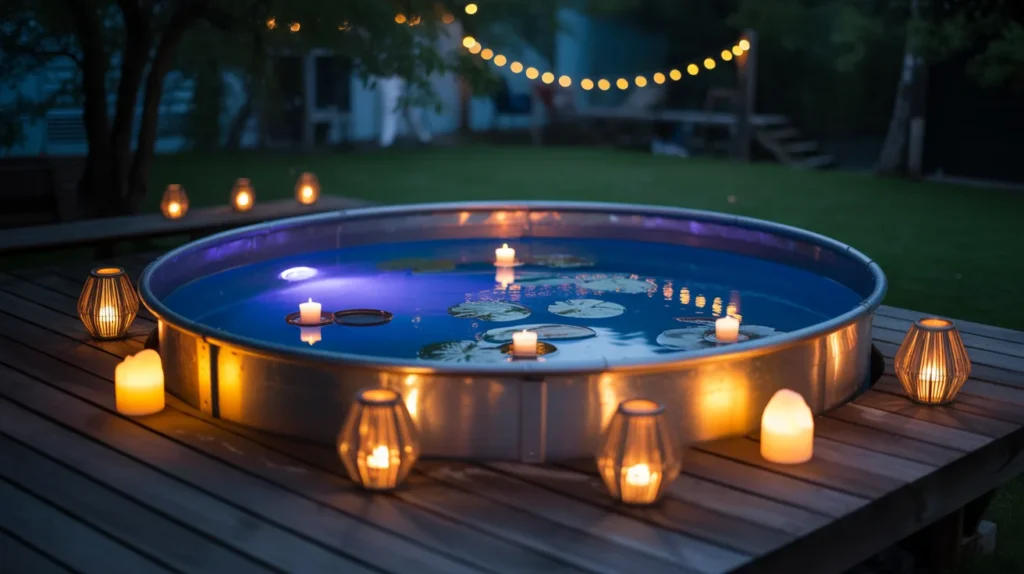 Stock tank pool glowing with decorative nighttime lighting
