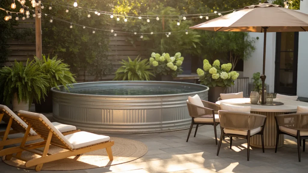 Stock tank pool next to patio with dining and seating area