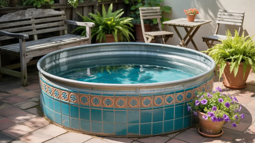 Stock tank pool with custom tile work and garden seating