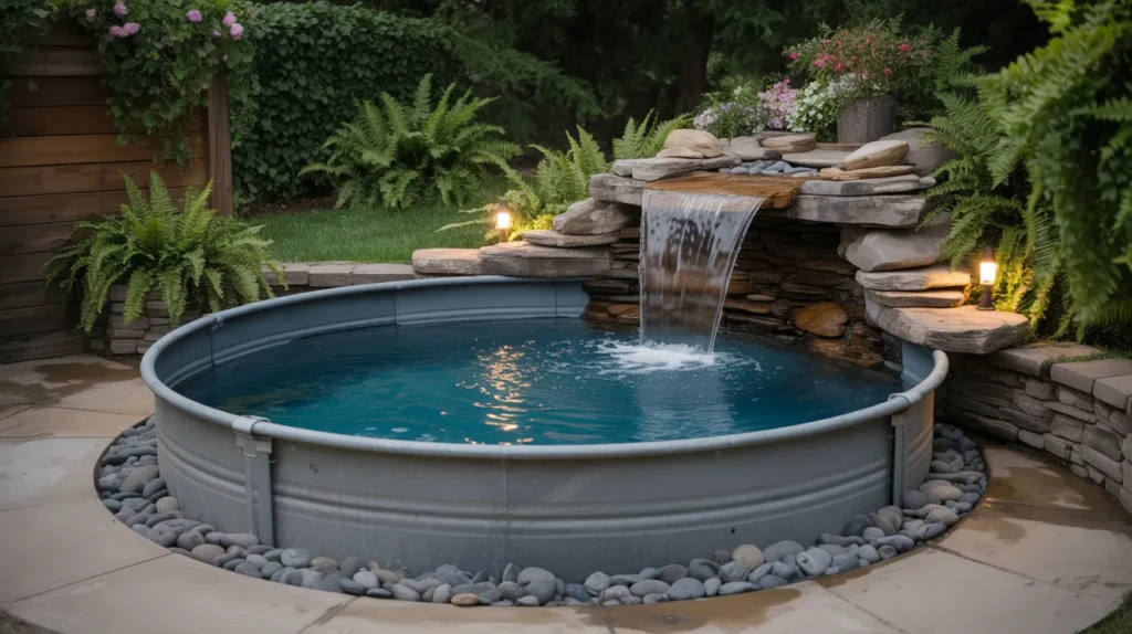 Stock tank pool with small waterfall and natural stone base