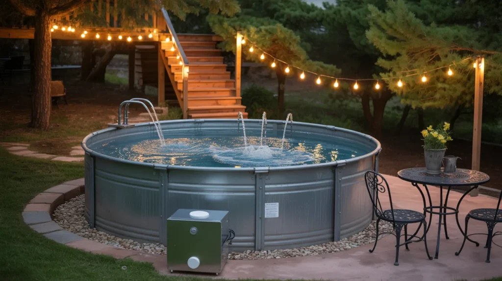Stock tank pool with spa features like jets and steps