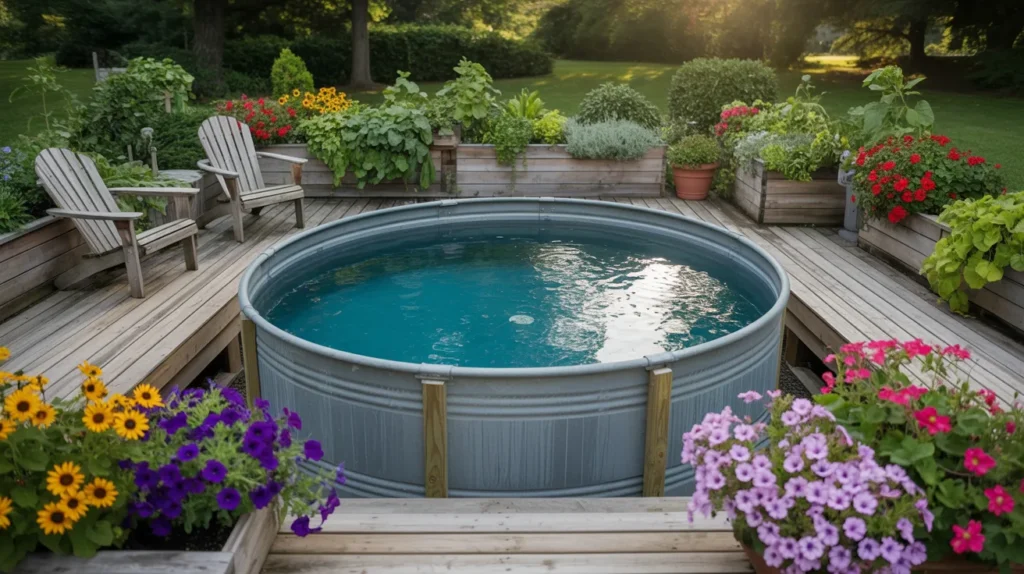Stock tank pool with wooden deck and vibrant backyard plants
