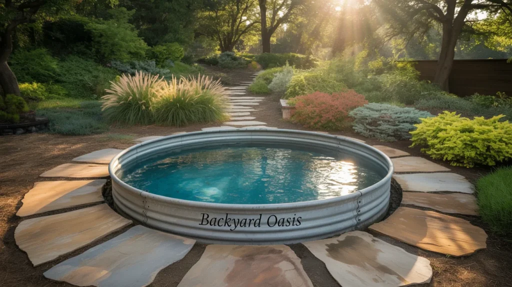 Stone-bordered stock tank pool in natural backyard setting