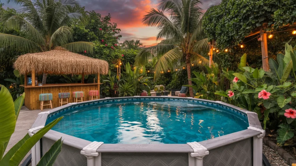 Tropical themed pool with lush greenery and tiki bar