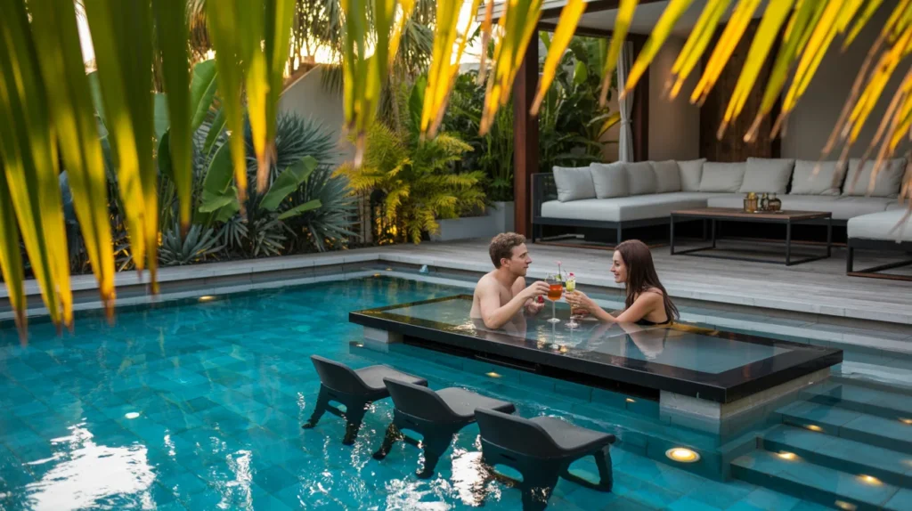 Upscale swim-up bar setup in backyard pool