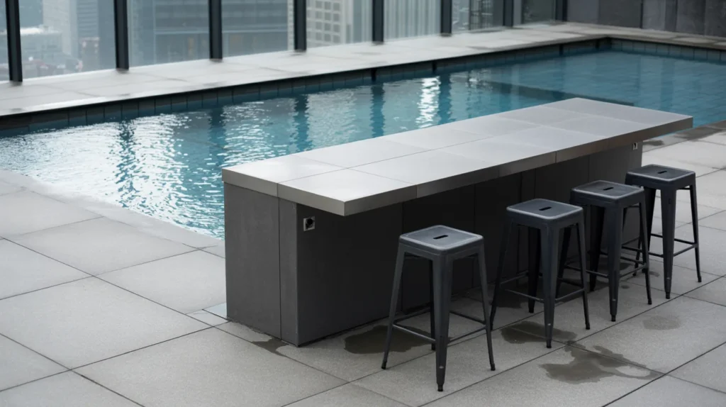 Urban industrial pool with concrete bar design